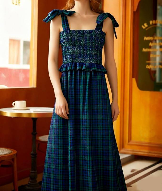 Women Plaid Maxi Dress Casual Square Neck Sleeveless Flowy Dress Christmas Checkered Backless Ruf... | Amazon (US)