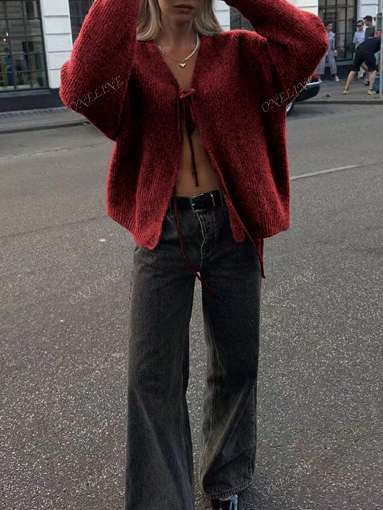 New Women's Street Wear Y2K Bow Tie Trend Element Solid Color Casual Warm Versatile Cardigan | SH... | SHEIN