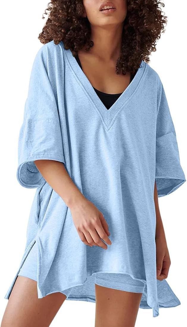 Womens Oversized 2 Piece Outfits Reversible Short Sets V Neck T Shirt Tops Biker Shorts Workout T... | Amazon (US)