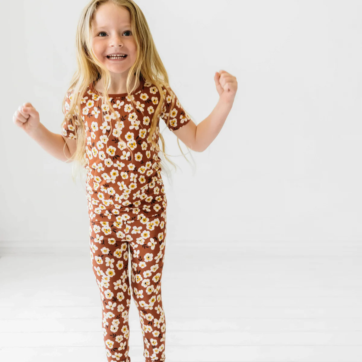 Mocha Blossom Two-Piece Short Sleeve Bamboo Viscose Pajama Set | Little Sleepies