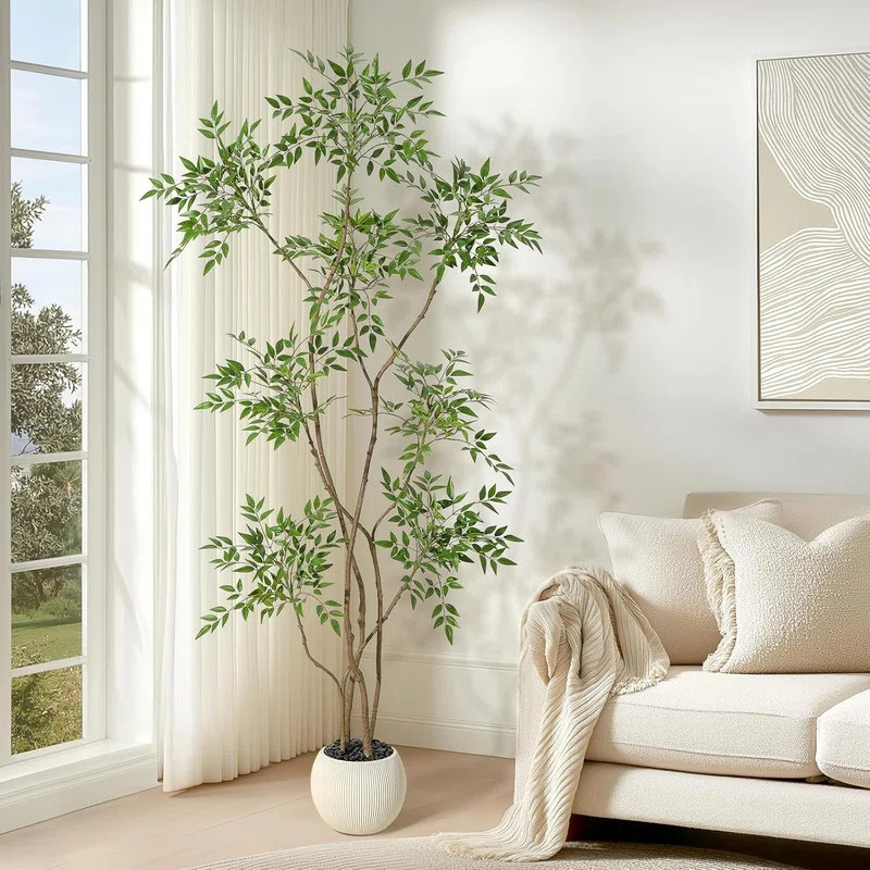 5/6/7ft Artificial Nandina Tree in Pot - Faux Floor Plant with White Planter for Home Office Deco... | Wayfair North America