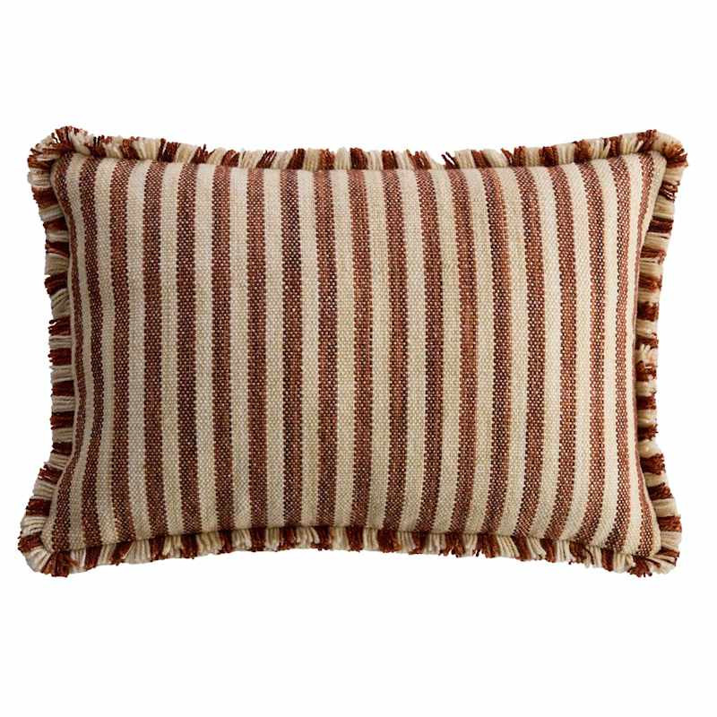 Mahogany & Sand Striped Woven Lumbar Outdoor Throw Pillow with Fringe, 14x20 | At Home