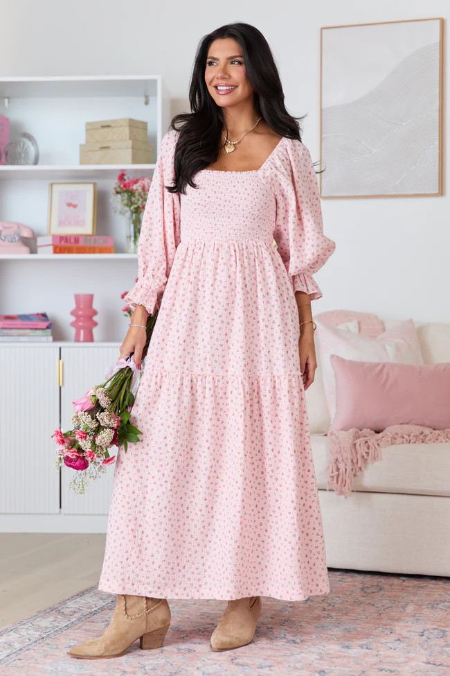 Thalia Pink Floral Smocked Top Maxi Dress | Pink Lily