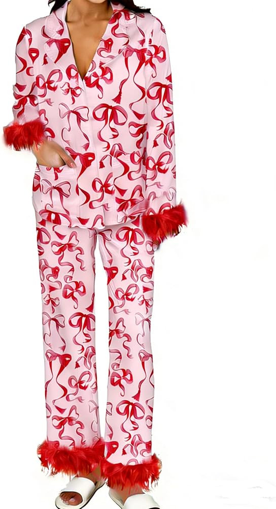Springcmy Women Christmas Silk Pajamas Set Pjs Satin Long Sleeve Button Down Shirts Pants Feather... | Amazon (US)