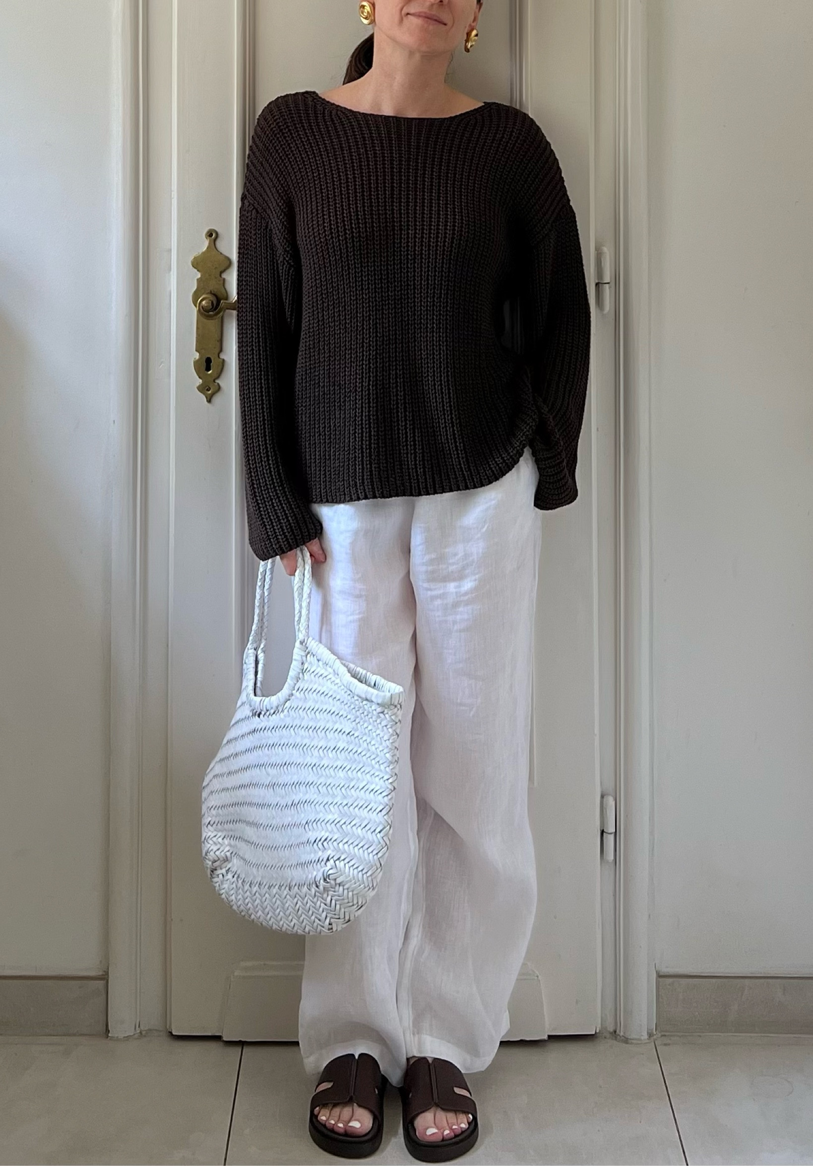Summer outfit, linen outfit, white linen trousers, dark browm outfit, woven leather bag, brown slides

#LTKsummer #LTKuk #LTKbag