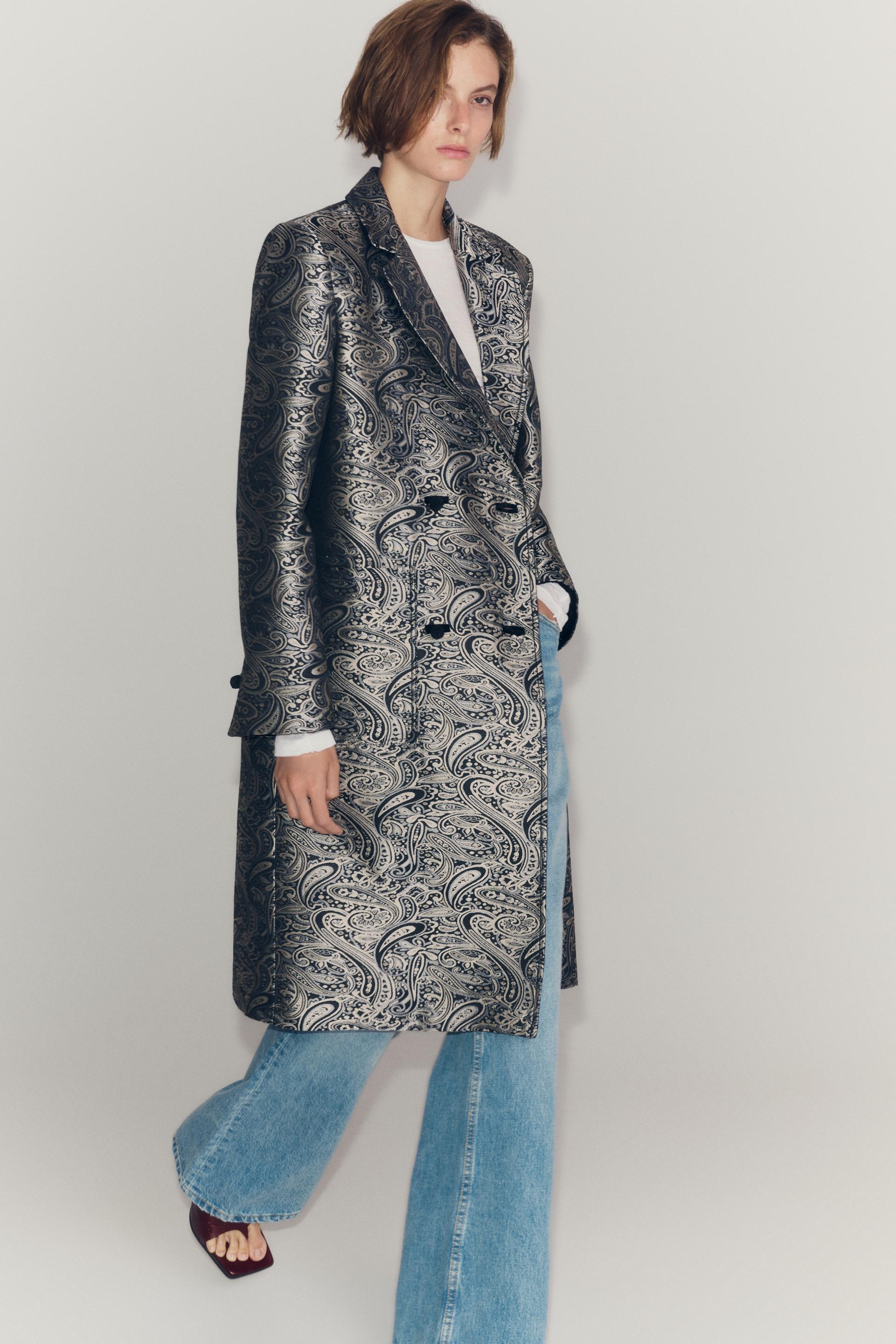 Zara - Zw Collection Jacquard Coat - Gray - L - Woman | Zara US