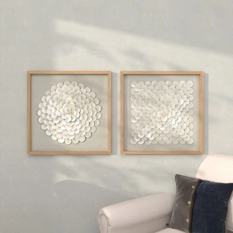 2 Piece Cream Shell Handmade Overlapping Shells Geometric Shadow Box with Canvas Backing Set | Wayfair North America