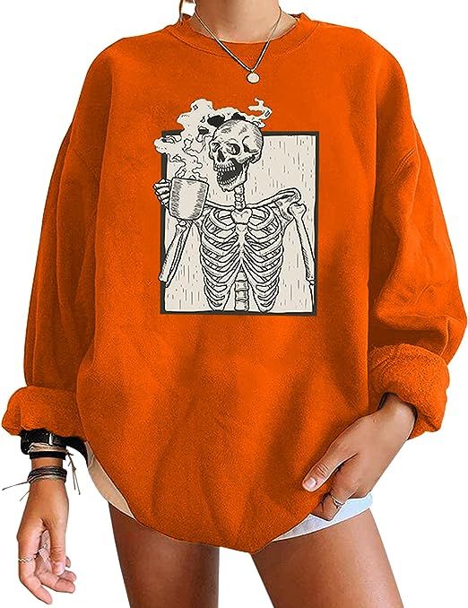 Meladyan Halloween Skull Graphic Print Fleece Oversized Sweatshirt Crewneck Long Sleeve Drop Shou... | Amazon (US)