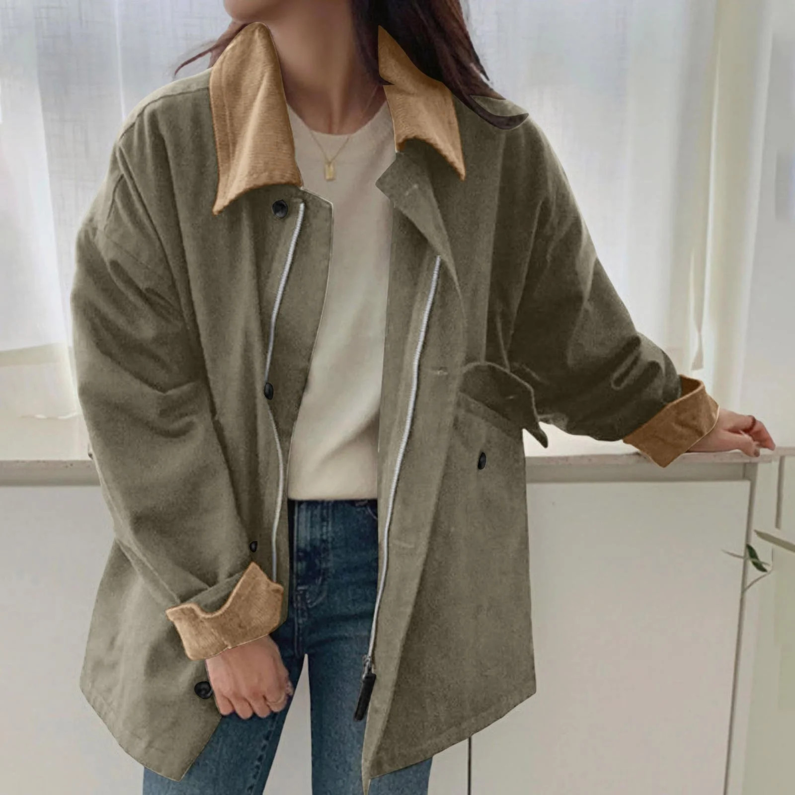 Womens Oversized Barn Jacket Button Down Canvas Jacket Corduroy Lapel Collar (Green S) | Walmart (US)