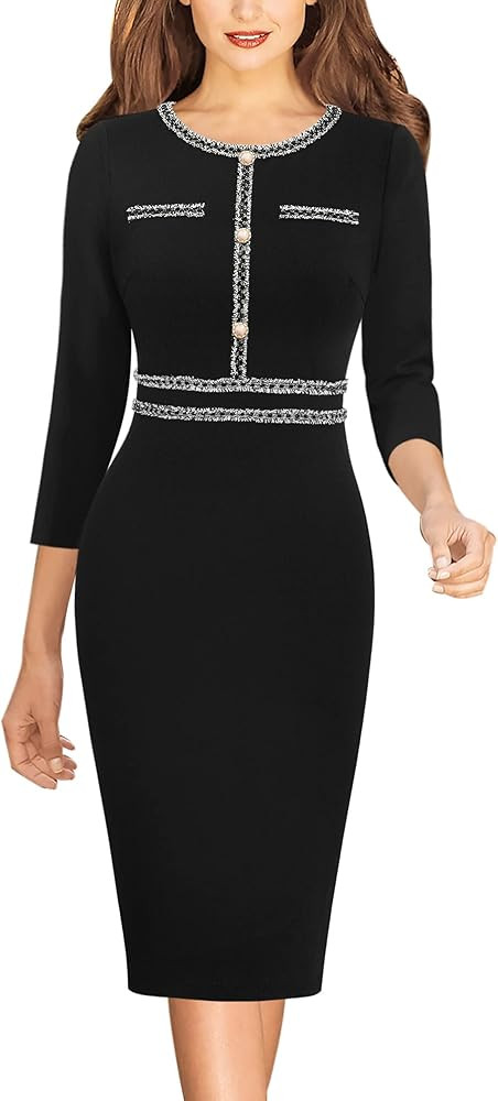 VFSHOW Womens Button Crew Neck Slim Wear to Work Office Party Bodycon Pencil Dress | Amazon (US)
