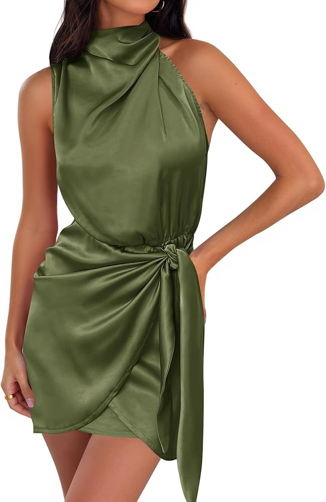 ZESICA Women's 2026 Fashion Satin Sleeveless Halter Neck Tie Waist Wrap Bodycon Cocktail Party Mi... | Amazon (US)
