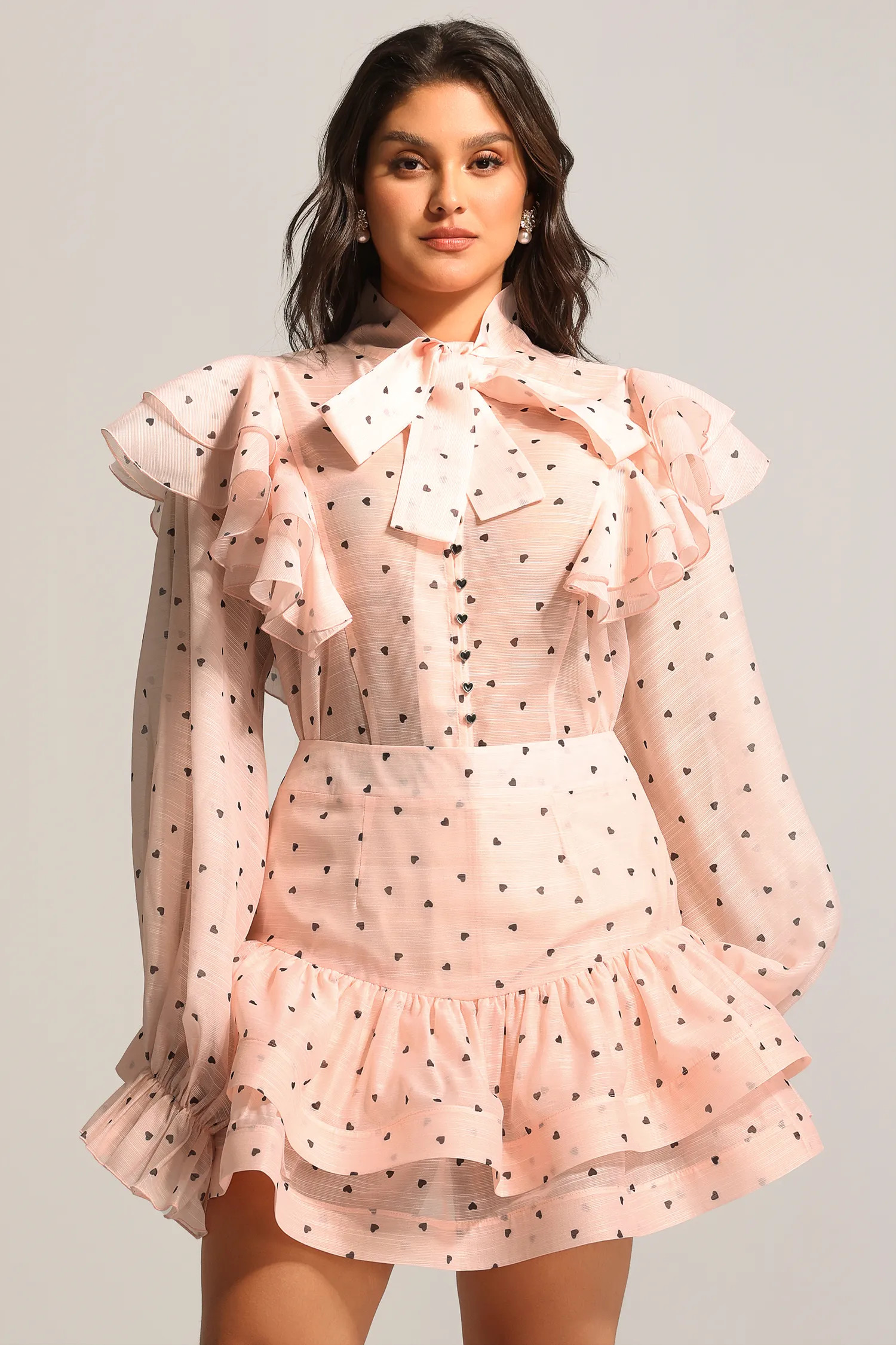 Sahara Rufflede Dot Printed Bowknot Top And Skirt Two-Piece Set | Bellabarnett Affiliate Marketing