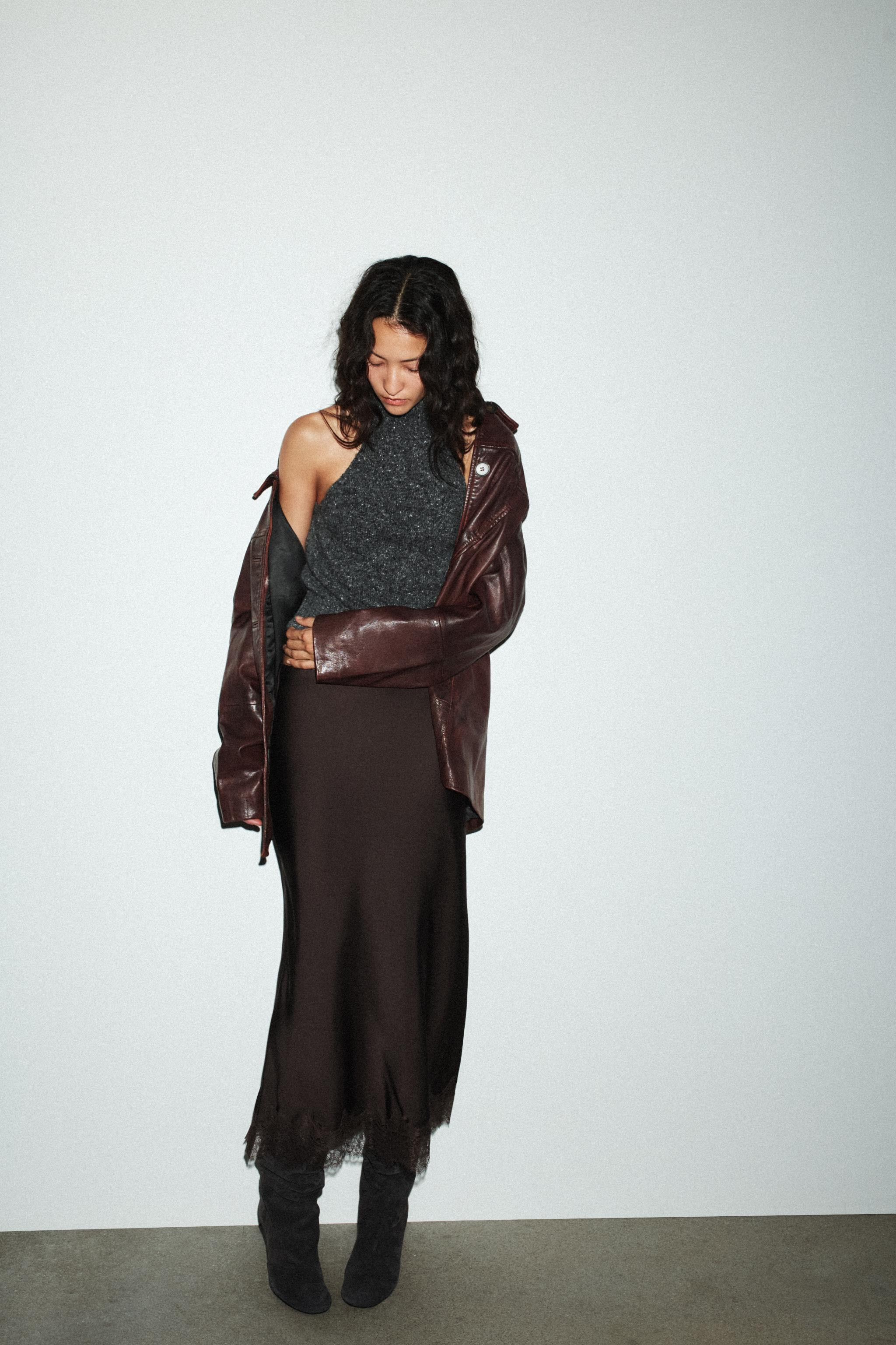 SATIN EFFECT LACE MIDI SKIRT | Zara US