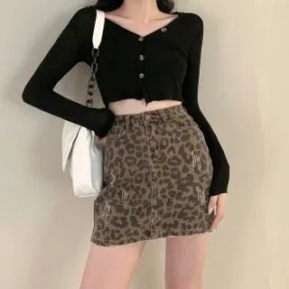 Leopard Print Denim Mini Pencil Skirt / Plain Cropped Cardigan | YesStyle Global