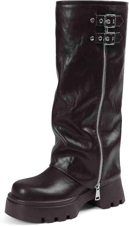 Lyrisiphy Knee High Boots for Women Foldover Wide Calf Pull on Cute Chunky Platform Riding Boots ... | Amazon (US)