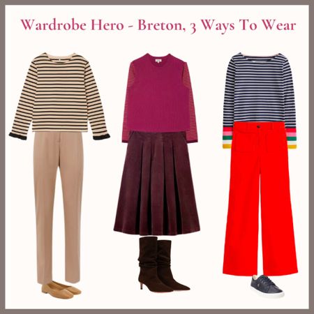 Autumn Outfit ideas with a Breton stripe top. Camel trousers, camel flat shoes, burgundy cord skirt, brown suede boots, knit vest, red corduroy wide leg trousers, navy trainers 

#LTKover40 #LTKSeasonal #LTKeurope