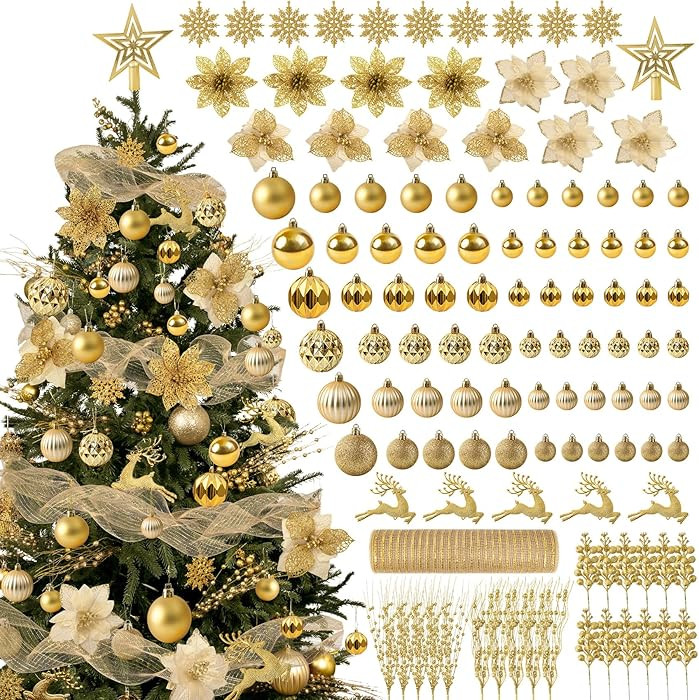 Ouddy Decor 105 Pcs Christmas Tree Decorations Set, Assorted Shatterproof Gold Christmas Ball Orn... | Amazon (US)