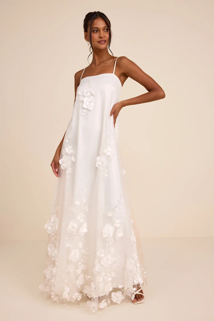 Allie White Floral Applique Shift Maxi Dress | Lulus