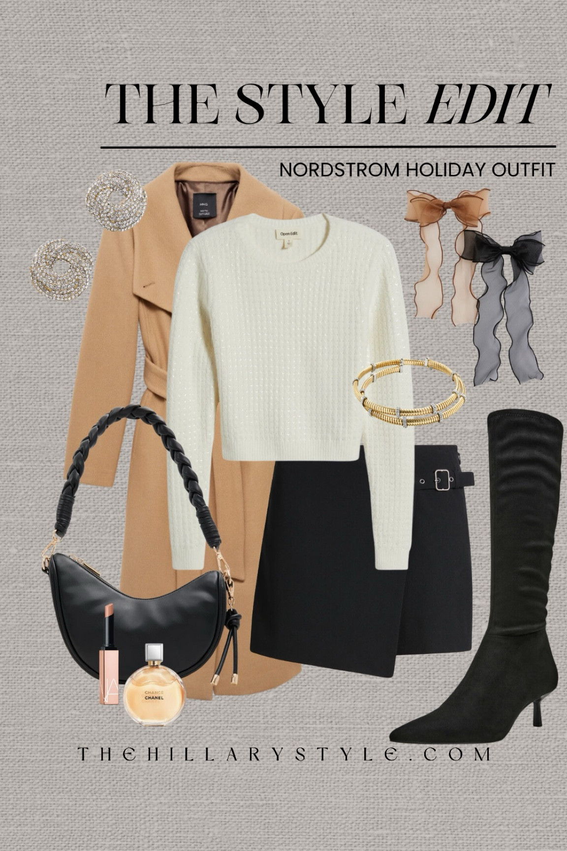 The Style Edit: Nordstrom Holiday Outfit
Mini skirt outfit perfect for holiday events. Black wrap mini skirt, sequin sweater, wool wrap coat, tall black boots, fleece sheer tights, black shoulder bag, hair bow set, pave statement earrings, pave wrap bracelet, fragrance, lip stick. Party outfit, holiday outfit, mini skirt outfit. Nordstrom, Open Edit, Hue, Tasha, BaubkeBar, Chanel, Nars, Mango, Steve Madden, Aldo.

#LTKParties #LTKHoliday #LTKSeasonal