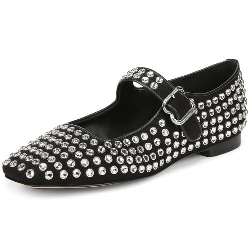 Rhinestone Flats for Women Studded Ballet Flats Sparkly Square Toe Buckle Strap Ballerina Mary Ja... | Amazon (US)