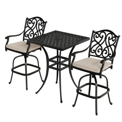 Mondawe Black 3-Piece Cast Aluminum Patio Outdoor Bistro Set with 2 High Bar Swivel Chairs, Square Table (Seat 2), Beige | Target
