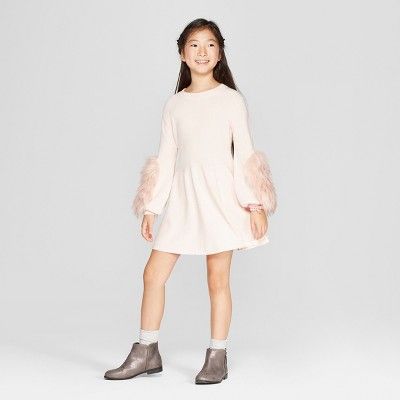 Girls' Long Sleeve Faux Fur Sweater Dress - Cat & Jack™ Peach | Target