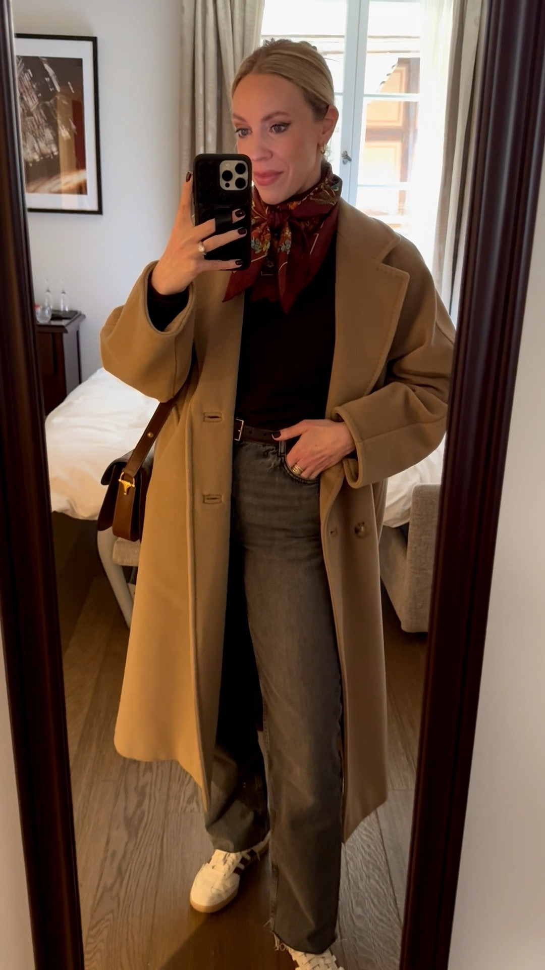 Travel look of the day, spring style, European vacation, camel coat, Gucci silk scarf, @Zara jeans, Adidas Samba sneakers 

#LTKdayinmylife #LTKootd #LTKTravel