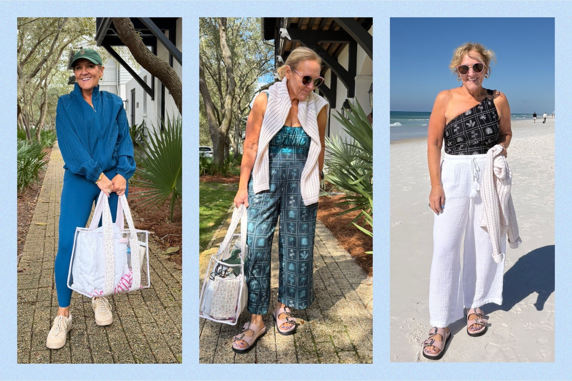 Beach outfits. One day was too chilly for swimwear. I wear in my spanx athleisure. 
Size medium in all! 

I love a matching swimsuit and coverup like the teal pants. The loft swim suits are quality and supportive in the chest, good bum coverage and not compression on the tummy so very comfy. Wearing a medium. 
Get the target cricket sweater! Perfect for over your shoulders or on a cooler beach day  

#LTKTravel #LTKSwim #LTKOver40