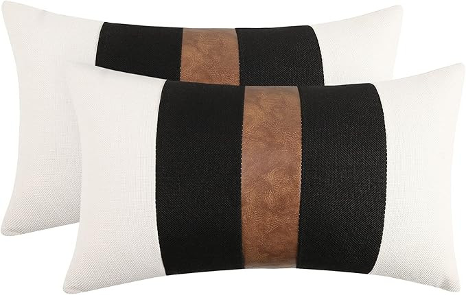 JASEN Set of 2 Faux Leather and Linen Lumbar Pillow Covers 12x20 Inch Black and White Modern Farm... | Amazon (US)