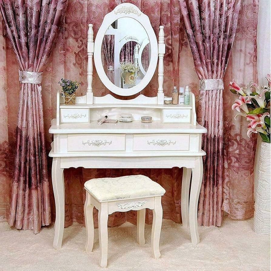White Vanity Jewelry Makeup Dressing Table Set W/Stool 4 Drawer Mirror Wood Desk | Amazon (US)