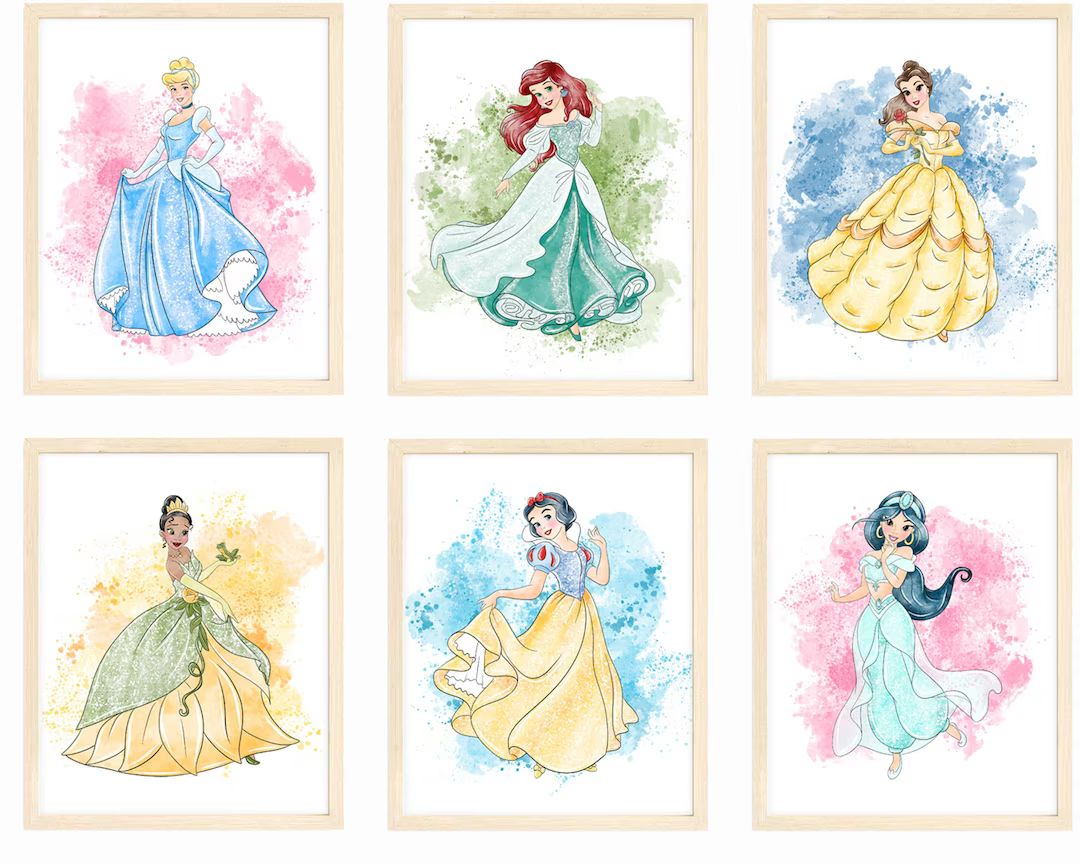 Disney Princess Wall Art Prints, Cinderella, Rapunzel, Ariel, Belle, Tiana, Jasmine, Aurora, Snow... | Etsy (US)