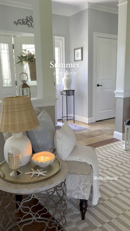 Summer entryway, foyer! Shop my new throw pillows, fringe throw blanket, vase from the new Studio McGee collection, table lamp, hanging basket on sale, canisters, best selling candleholders, area rug, side chairs, mirrorsSummer home decor accessories. 

#LTKHome #LTKVideo #LTKSaleAlert