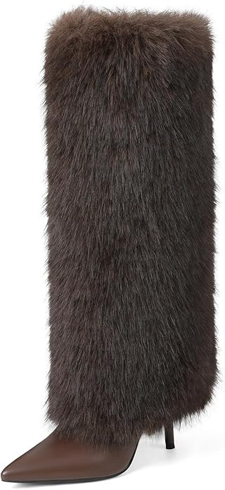 Womens Furry Boots Knee High Fold Over Tall Boot Wide Calf Pointed Toe Stiletto High Heel Fall Wi... | Amazon (US)