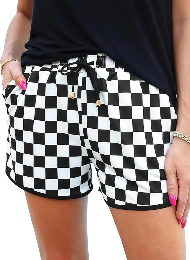 IWOLLENCE Women's Checkered Shorts Elastic Waist with Drawstring Plaid Short Pants Beach Summer w... | Amazon (US)
