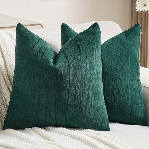 FUTEI Dark Green Chenille Decorative Throw Pillow Covers 22x22 Inch Set of 2,Soft Embossed Striped Textured Cushion Case,Modern Home Decor for Couch Bed Living Room | Amazon (US)