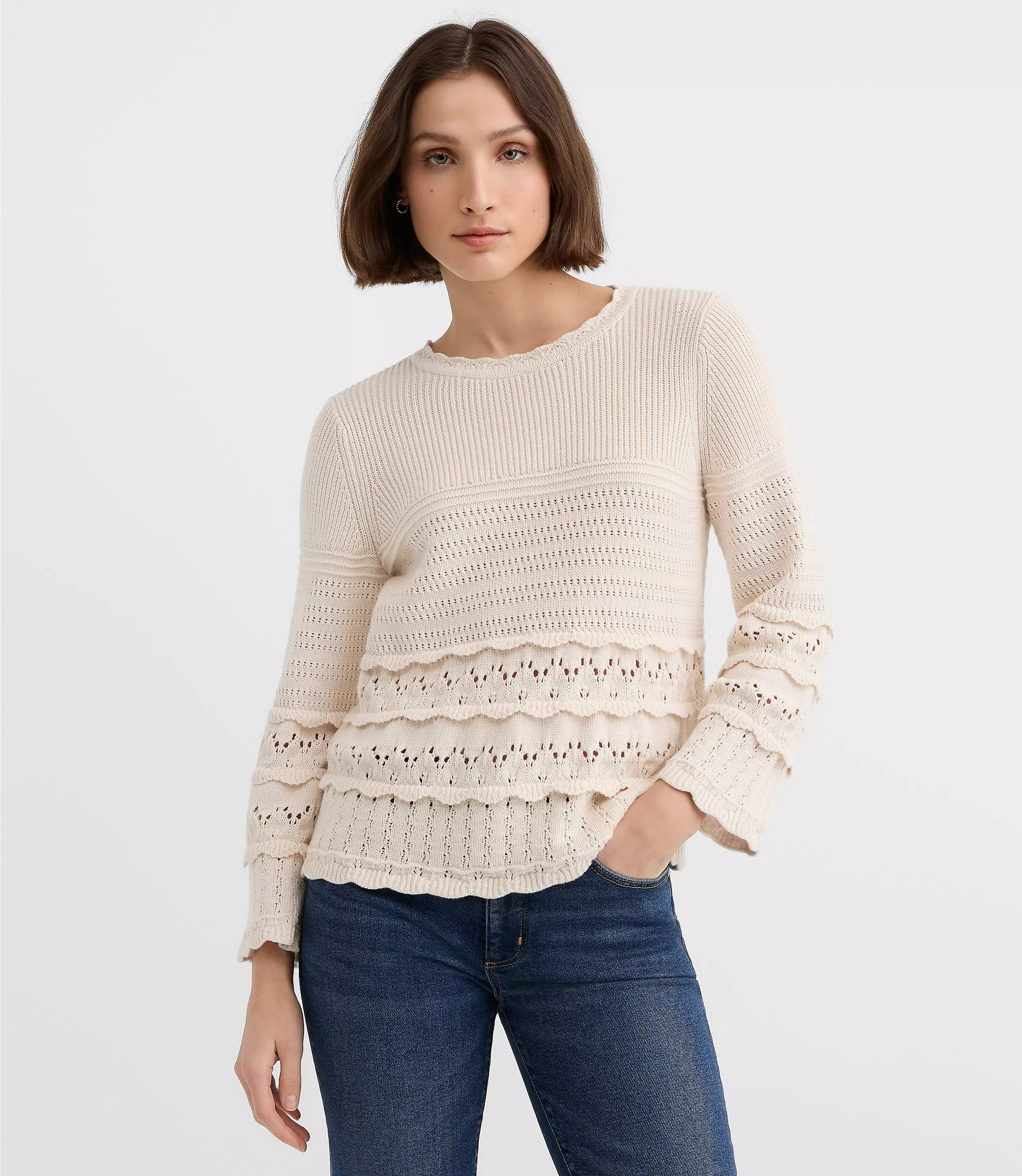 Scalloped Pointelle Flare Sleeve Sweater | LOFT