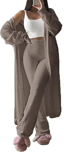 TOLENY Women's Fuzzy 3 Piece Lounge Sets Sweatsuits Open Front Cardigan Crop Tank Tops Wide Legs ... | Amazon (US)