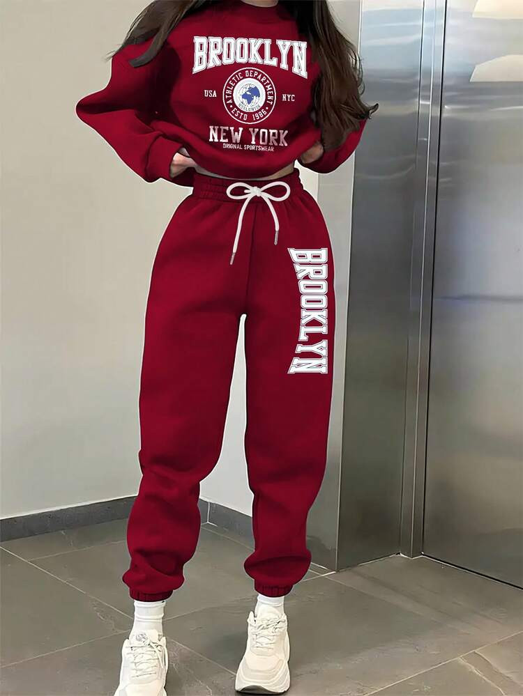 2pcs Women Fleece Hoodie And Sweatpants Set, Comfortable And Warm For Autumn/Winter Casual, Homewear And Sportswear, Brooklyn Print And Letter Graphic, New York Style | SHEIN