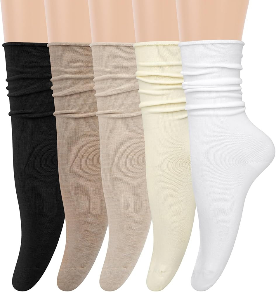 5 Pairs Slouchy Socks for Women, Crew Cotton Socks with Cute Roll Top Casual Calf Long Sock | Amazon (US)