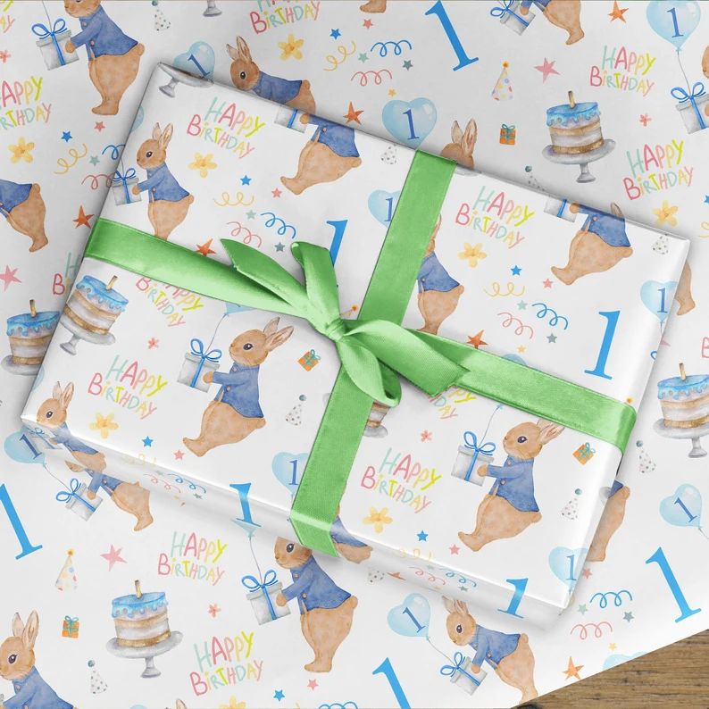 1st Birthday Wrapping Paper Meter Roll, Rabbit Birthday Boy Wrapping Paper, Wrapping Paper for Ki... | Etsy (US)