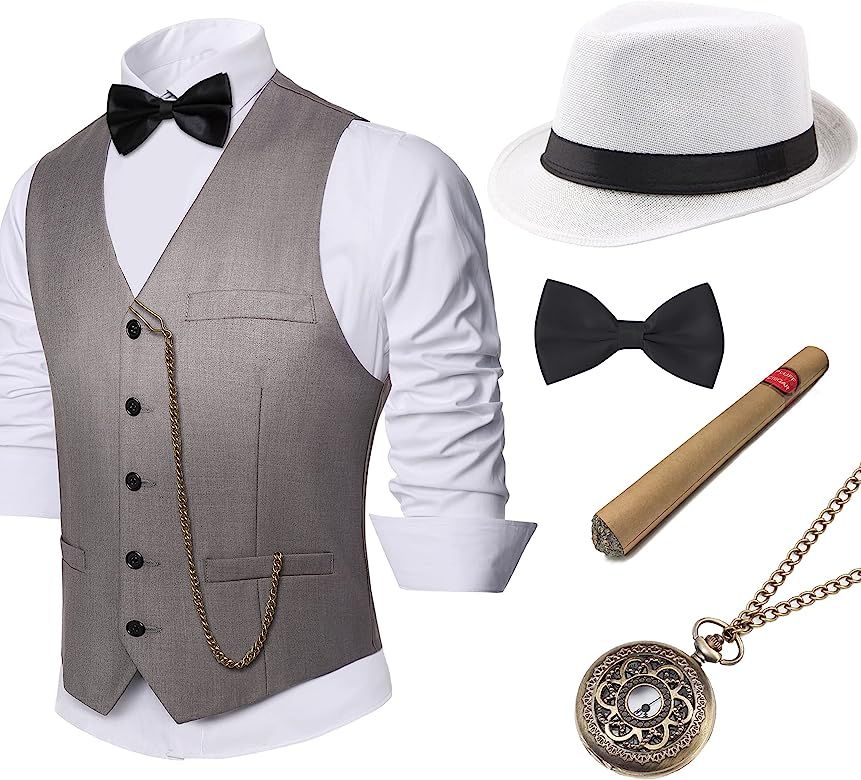 BABEYOND 1920s Mens Gatsby Gangster Vest Costume Accessories Set Fedora Hat | Amazon (US)