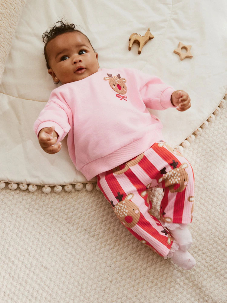 Buy Red/Pink Reindeer Christmas Sweat and Joggers Baby Set (0mths-2yrs) from Next USA | Next US