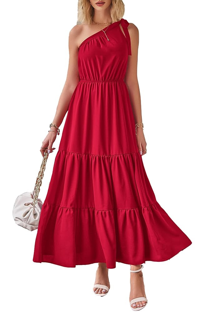 PRETTYGARDEN Women's Summer Floral One Shoulder Maxi Dress Knot Ruffle Boho Beach Vacation Weddin... | Amazon (US)