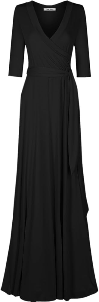 Women's 3/4 Sleeve Deep V-Neck Maxi Faux Wrap Solid Plus Size Dress | Amazon (US)