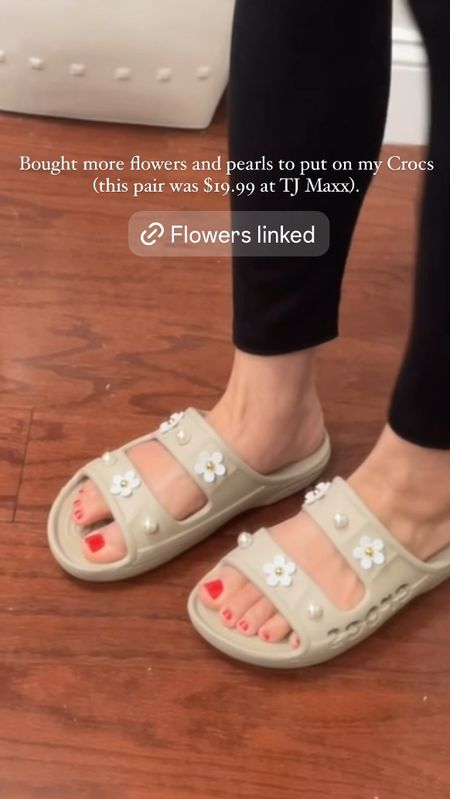 Cute crocs sandals with flower charms. The exact Beige color I have I found at TJ Maxx for less ($19.99 instead of $34.99).