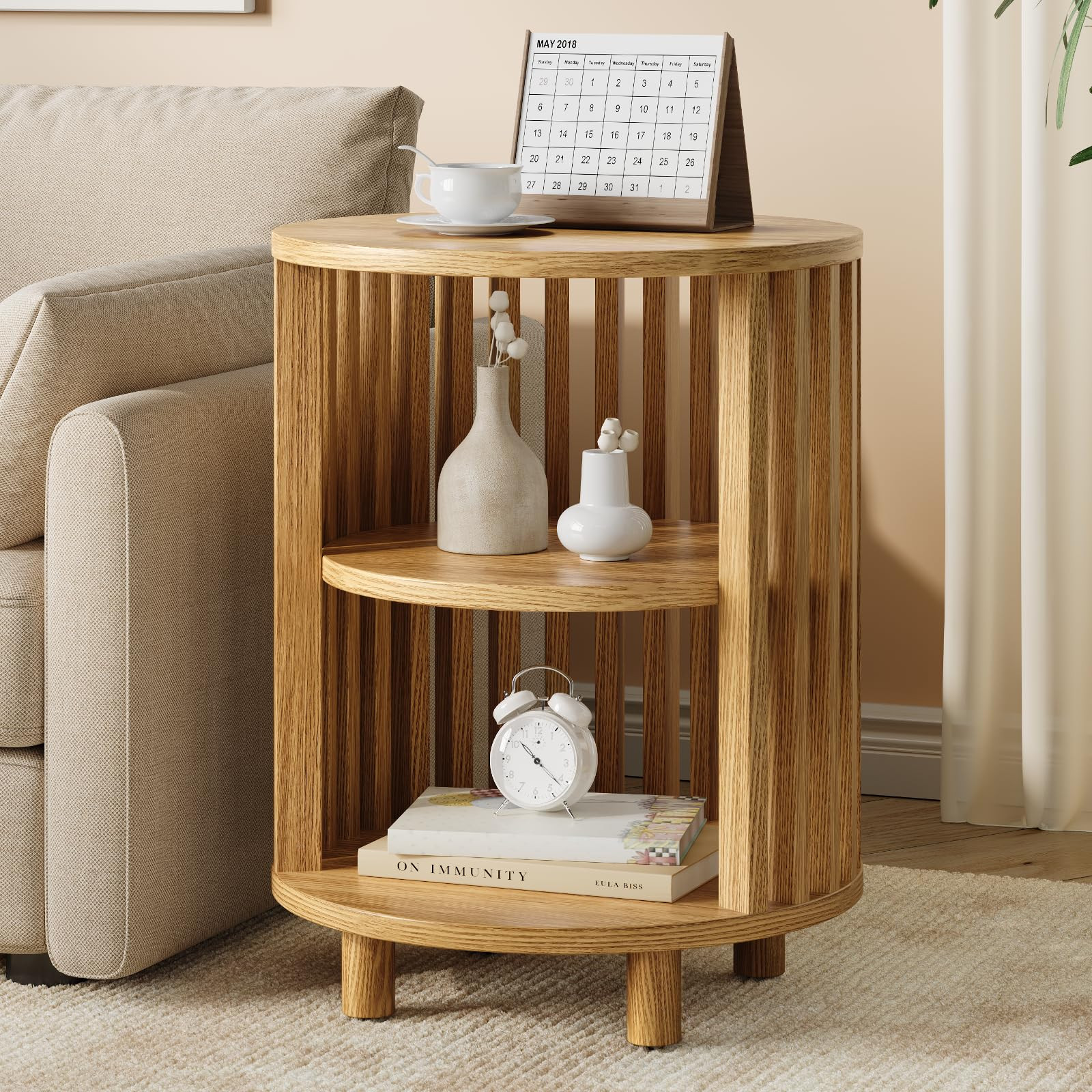 Round End Table, Wood Bedside Table, Mid Century Modern Nightstand with Open Storage Shelf, 3 Tie... | Amazon (US)