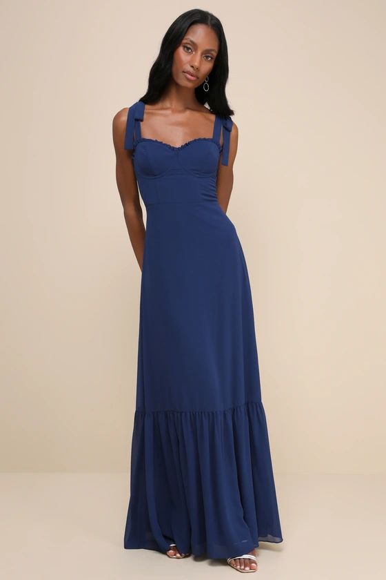 Truly Gorgeous Dark Blue Ruffled Bustier Tie-Strap Maxi Dress | Lulus