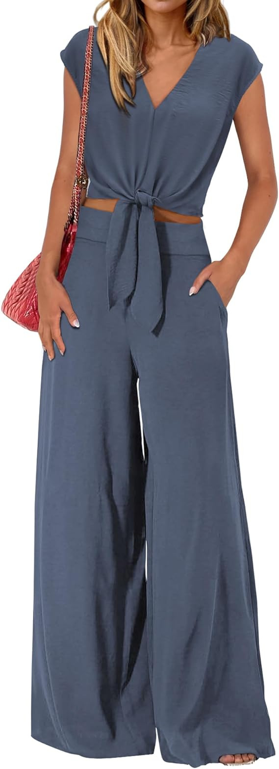 PRETTYGARDEN Women's Summer 2 Piece Outfits 2026 Cap Sleeve V Neck Belted Crop Tops Wide Leg Pant... | Amazon (US)