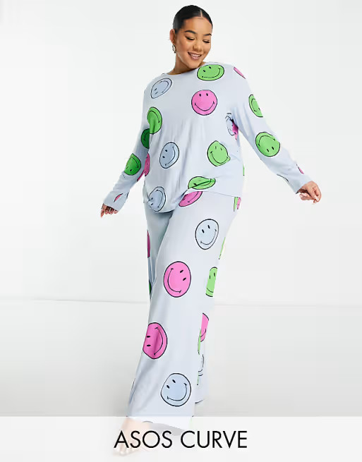 ASOS DESIGN Curve exclusive Smiley lounge long sleeve top & wide leg trouser set in blue | ASOS (Global)