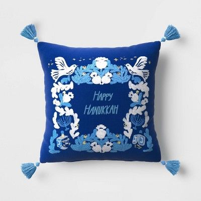 Happy Hanukkah Embroidered Square Throw Pillow Dark Blue - Threshold™ | Target